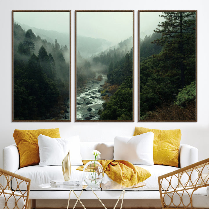 Misty Forest Wall Art Canvas Print, Framed Foggy River Art Picture Print, Moody Landscape Perfect Wilderness Decor Artwork