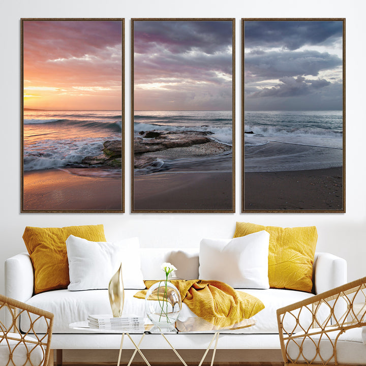 Golden Hour Wall Art Canvas Print, Framed Tranquil Waves Art Picture Print, Beach Perfect Coastal Serenity Decor Artwork