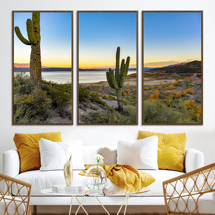 Saguaro Cactus Wall Art Canvas Print, Framed Desert Sunset Art Picture Print, Southwestern Perfect Southwestern Decor Artwork
