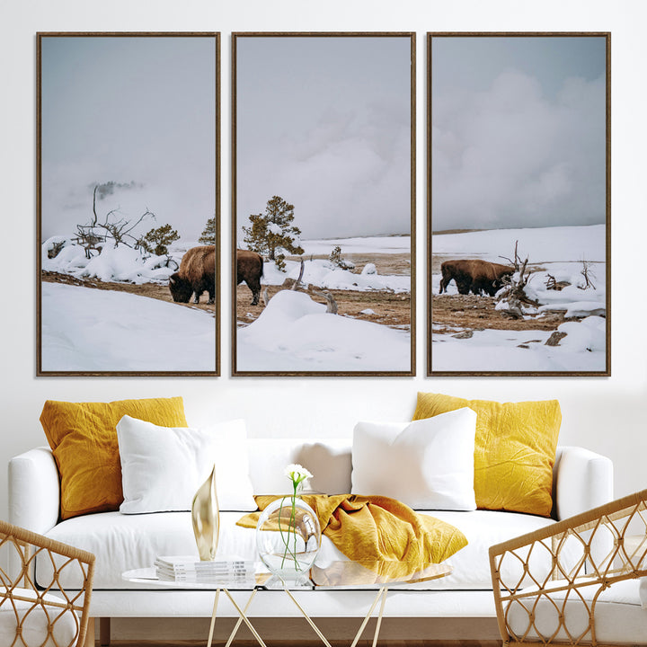 Bison Wildlife Wall Art Canvas Print, Framed Snowy Prairie Art Picture Print, Western Perfect Rustic Decor Artwork