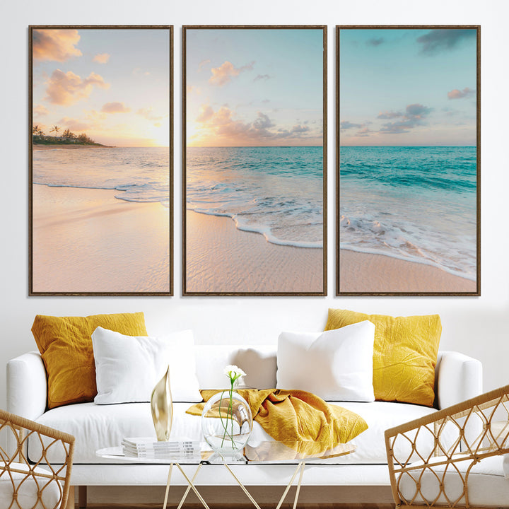 Beach Sunset Wall Art Canvas Print, Framed Ocean Waves Art Picture Print, Summer Escape Perfect Coastal Decor Artwork