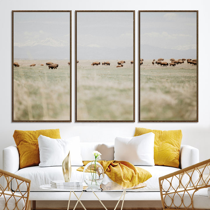 Bison Herd Wall Art Canvas Print, Framed Western Art Picture Print, Bison Perfect Ranch Decor Artwork