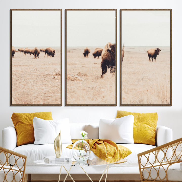Bison Herd Wall Art Canvas Print, Framed Western Art Picture Print, Prairie Serenity Perfect Ranch Decor Artwork