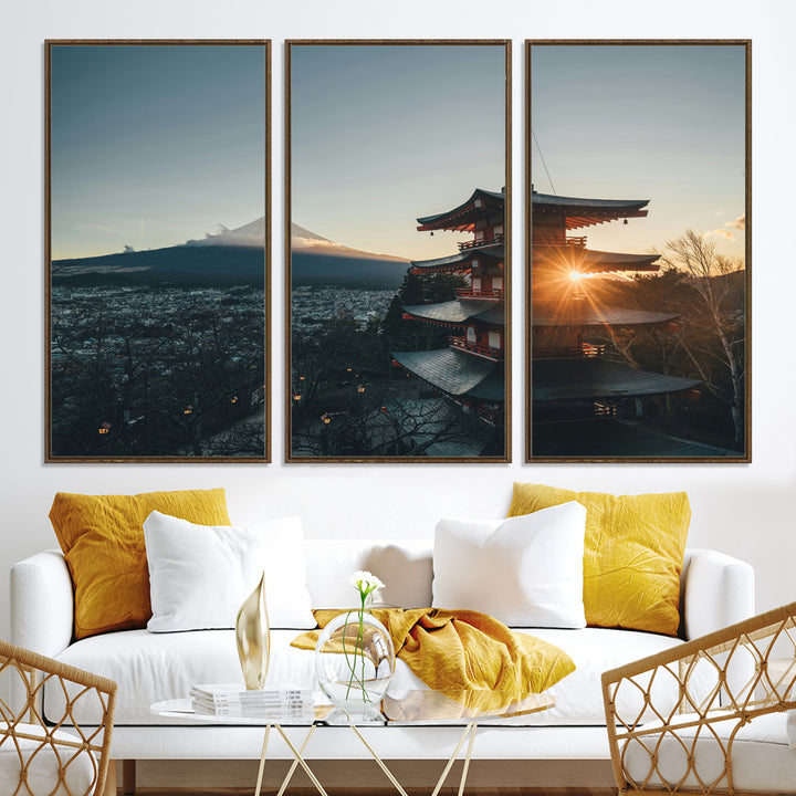 Chureito Pagoda at sunset with Mount Fuji in the background, city lights below, and golden sun rays, ideal for Japanese-inspired wall art.