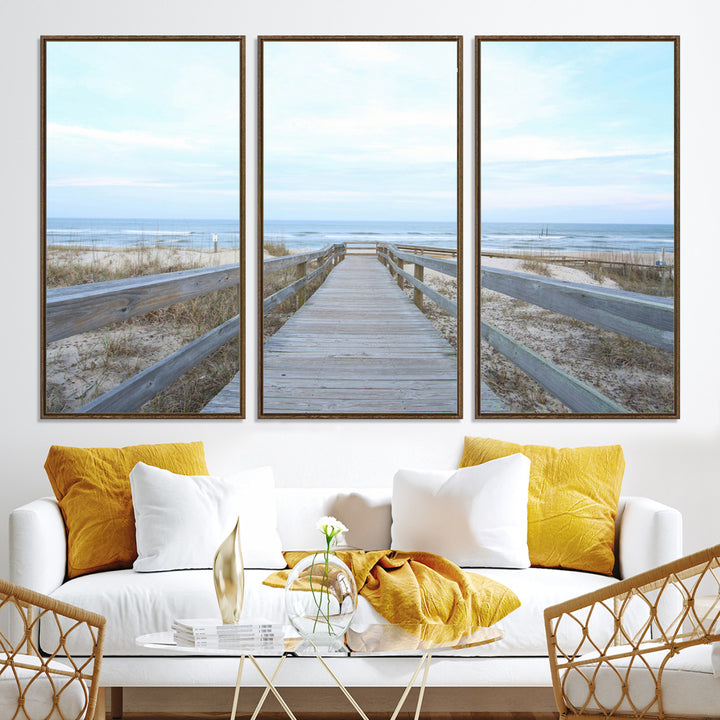 Beach Boardwalk Wall Art Canvas Print, Framed Coastal Serenity Art Picture Print, Ocean View Perfect Coastal Decor Artwork
