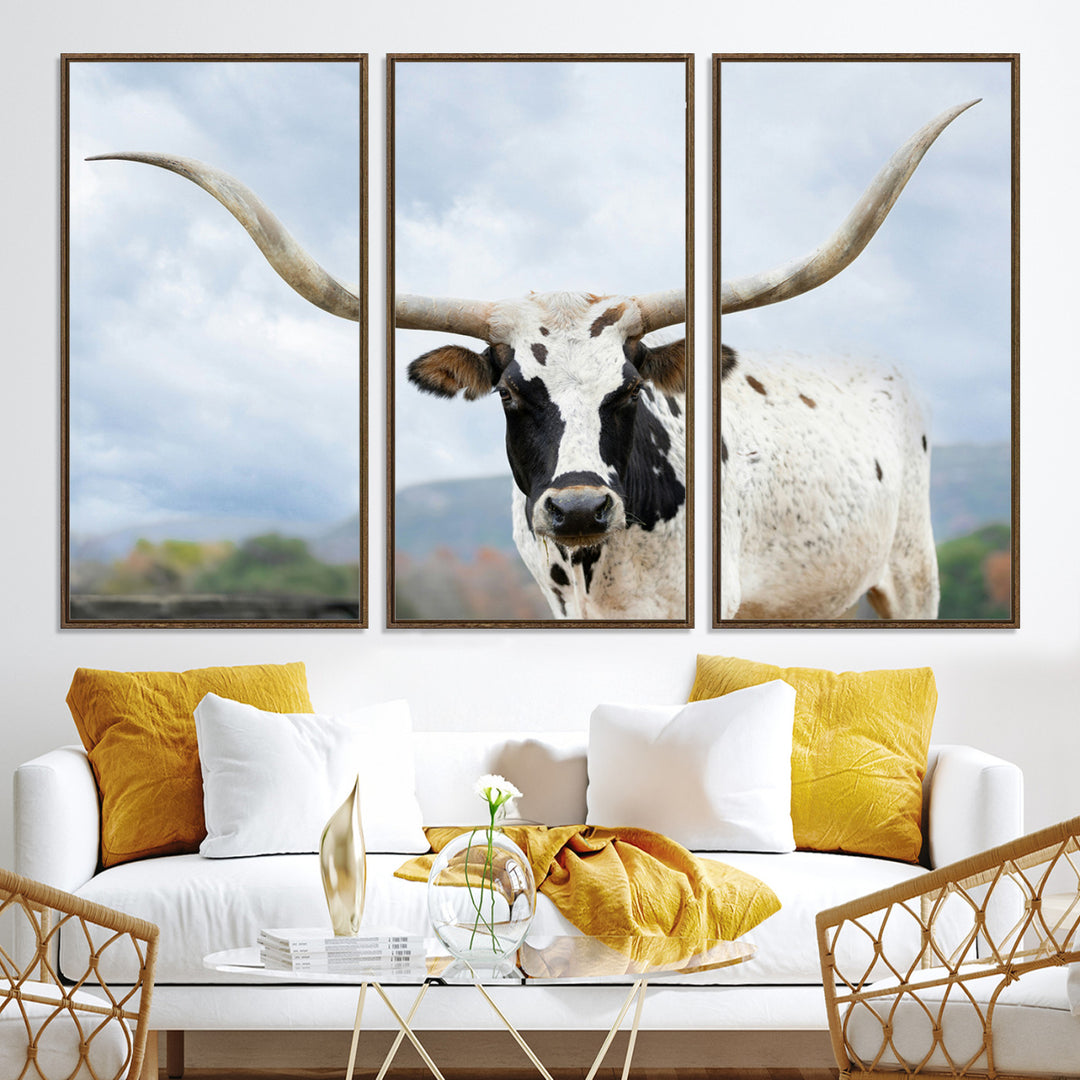 Texas Longhorn Wall Art Canvas Print, Framed Western Rustic Art Picture Print, Farmhouse Decor Perfect Farmhouse Decor Artwork