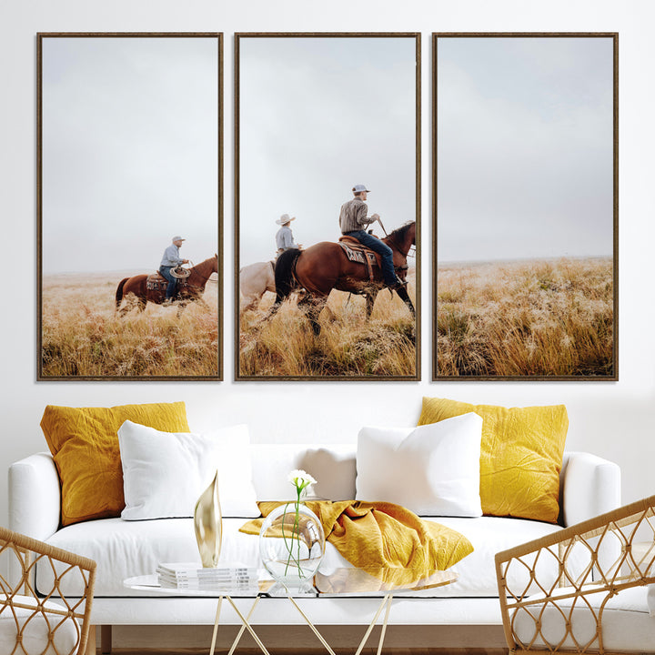 Three cowboys riding horses through a foggy prairie landscape, dressed in Western attire, evoking a rustic and adventurous Wild West aesthetic.