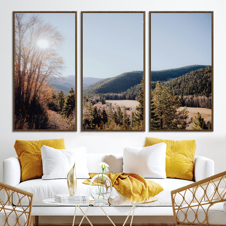 A scenic mountain valley with pine trees and autumn foliage under a clear sky, bathed in golden sunlight, creating a peaceful and rustic landscape.