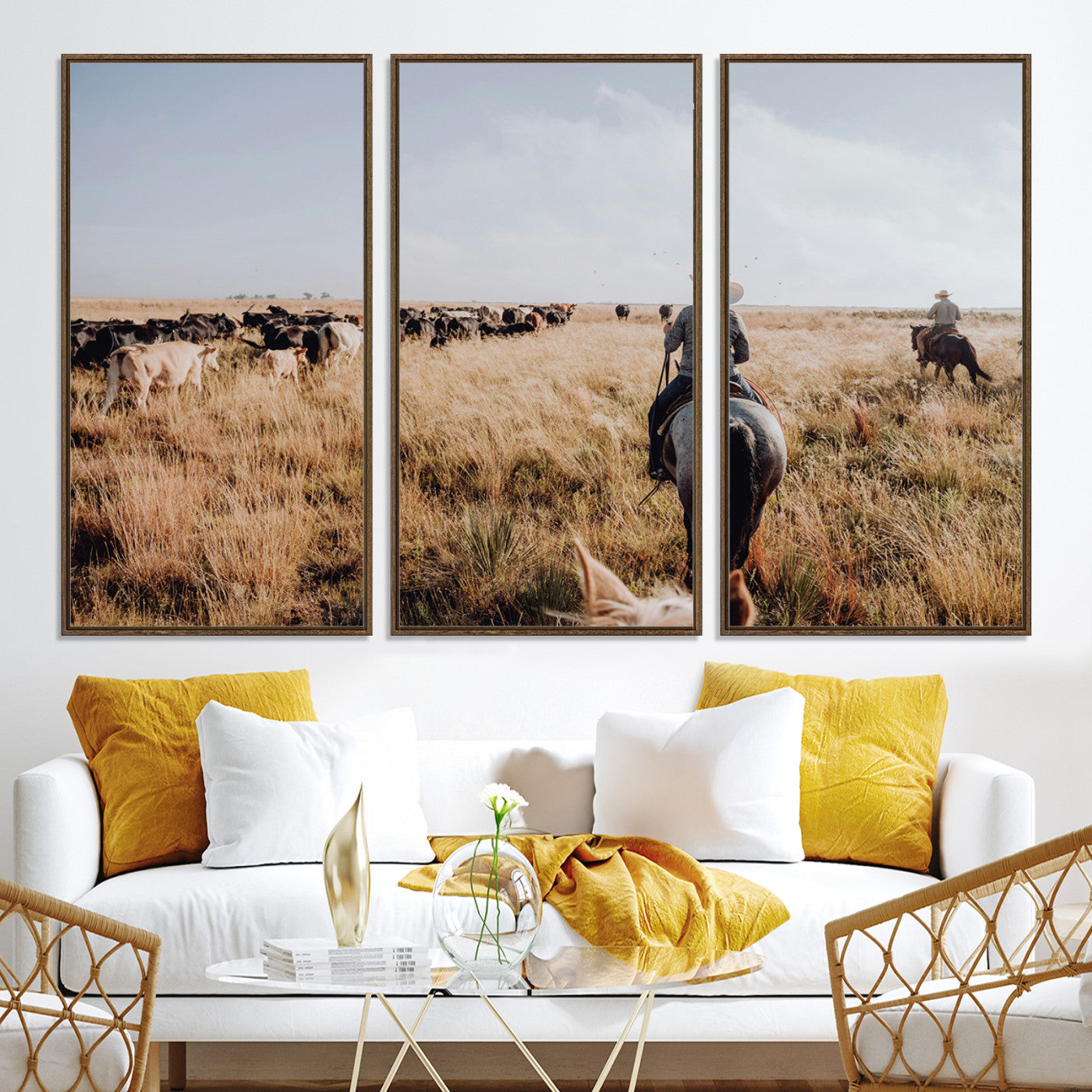 22431577-MGV-CV-36X24-Western Wall Art Wall Art Canvas Print, Framed Cowboy Canvas Art Picture Print, Cattle Drive Scene Perfect Rustic Western Decor Artwork