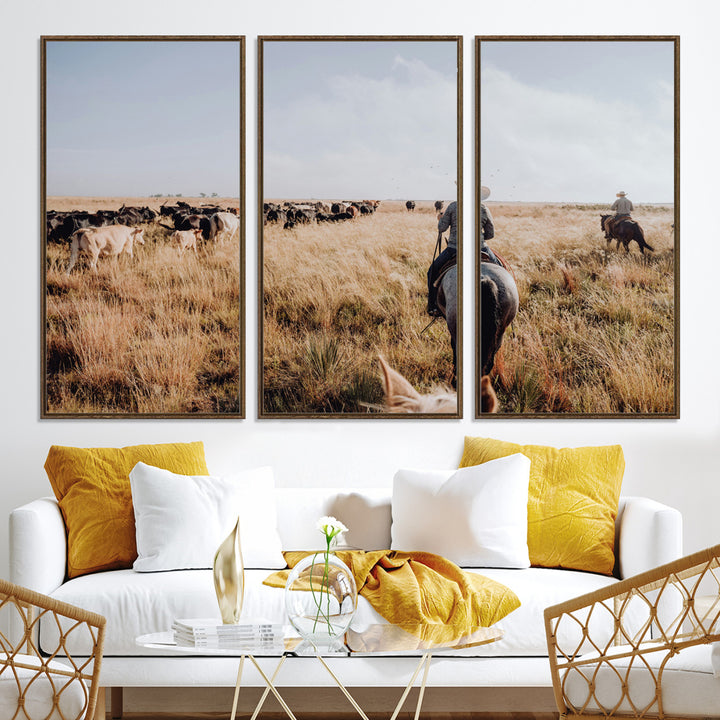 A cowboy and cowgirl on horseback herding cattle through golden grasslands, capturing a rustic and authentic Western ranch lifestyle.
