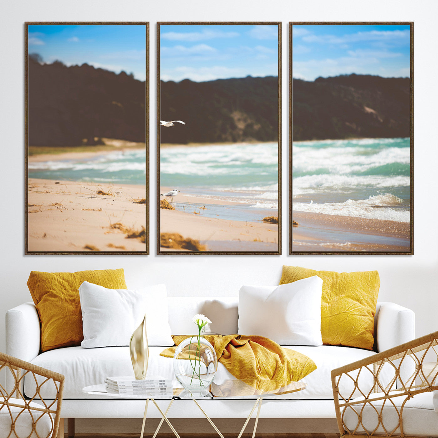 84260965-MGV-CV-36X24-Tranquil Beach Scene Wall Art Canvas Print, Framed Blue Ocean Waves Art Picture Print, Sandy Coastline Perfect Coastal Cottage Decor Artwork
