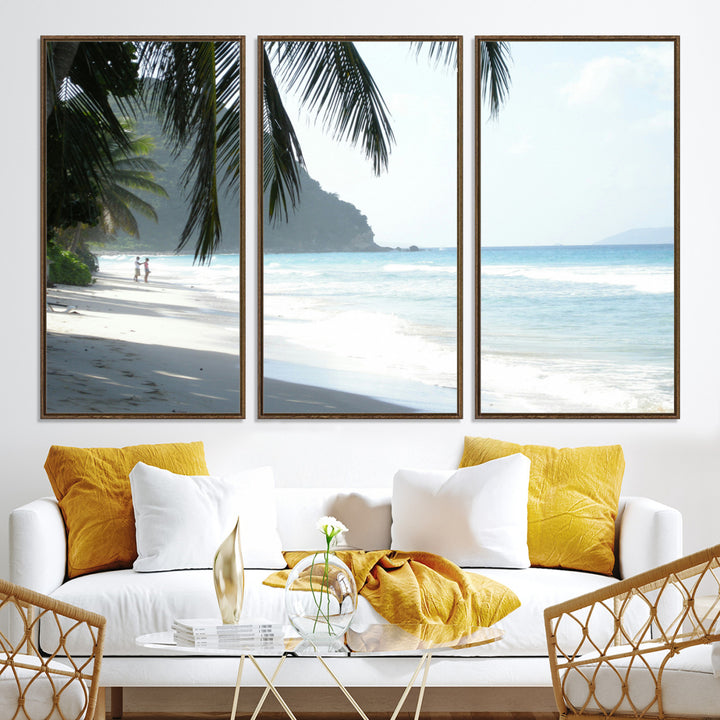 Tropical beach with palm tree shadows, white sand, and turquoise ocean waves, creating a serene and relaxing island escape atmosphere.