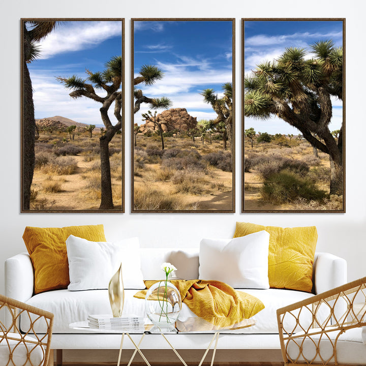 Scenic Joshua Tree landscape with rugged desert terrain, golden dry grass, and a deep blue sky, creating a warm, rustic Southwestern aesthetic.