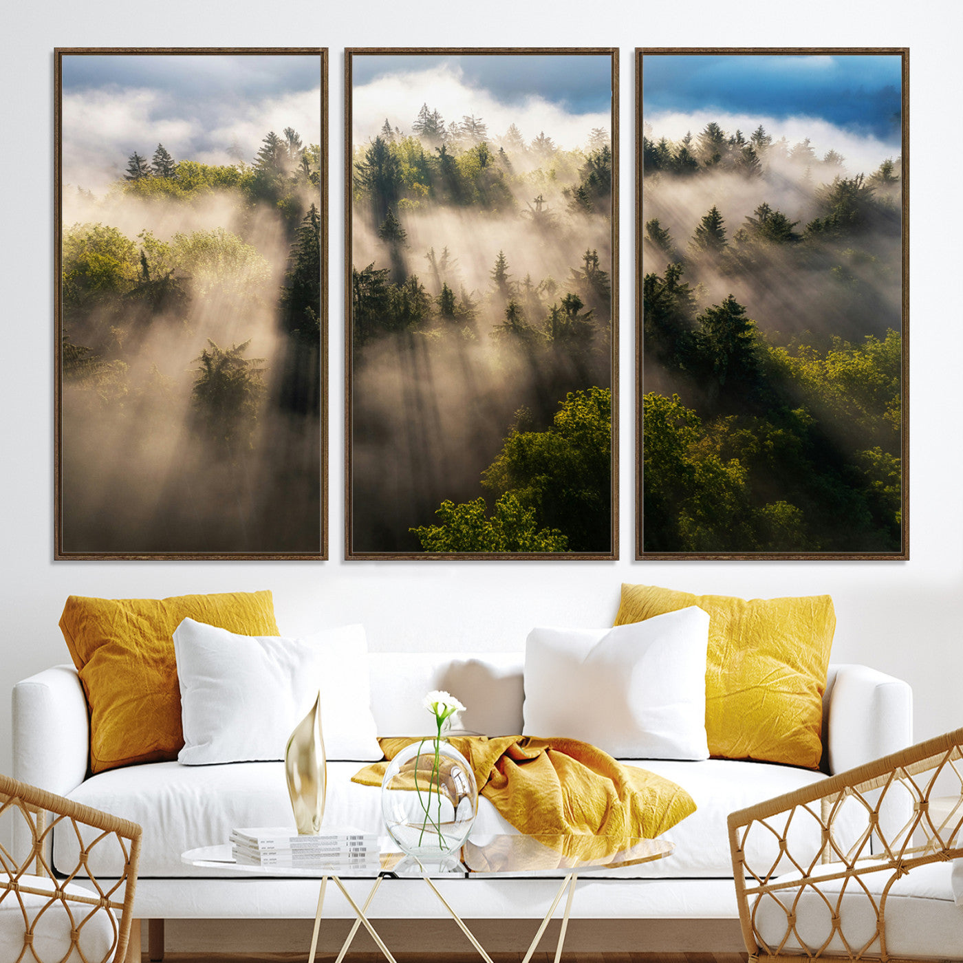 14785710-MGV-CV-36X24-Tranquil Forest Scene Wall Art Canvas Print, Framed Sunbeam Through Trees Art Picture Print, Moody Green Wall Art Perfect Scandinavian