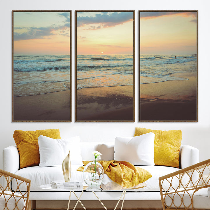 Warm sunset over gentle ocean waves with pastel sky and reflections on wet sand, creating a calm and soothing beach ambiance.