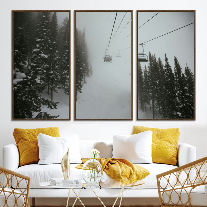 Ski Lift Wall Art Canvas Print, Framed Snowy Pines Art Picture Print, Misty Landscape Perfect Winter Serenity Decor Artwork