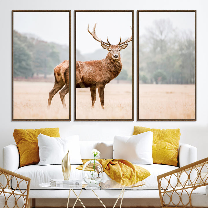 Vintage Wildlife Canvas Print, Framed Misty Landscape Art Picture Print, Deer Wall Art Perfect Rustic Wildlife Decor Artwork