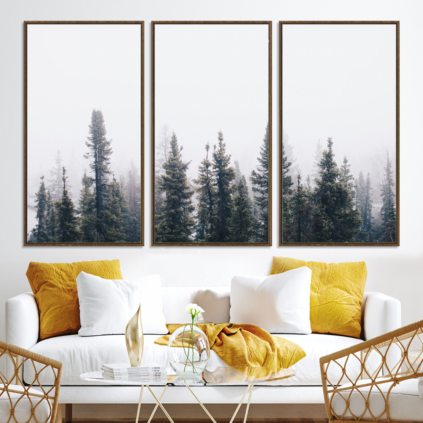 42364796-MGV-CV-36X24-Foggy Forest Wall Art Canvas Print, Framed Misty Pines Art Picture Print, Moody Woodland Perfect Scandinavian Minimalist Decor Artwork