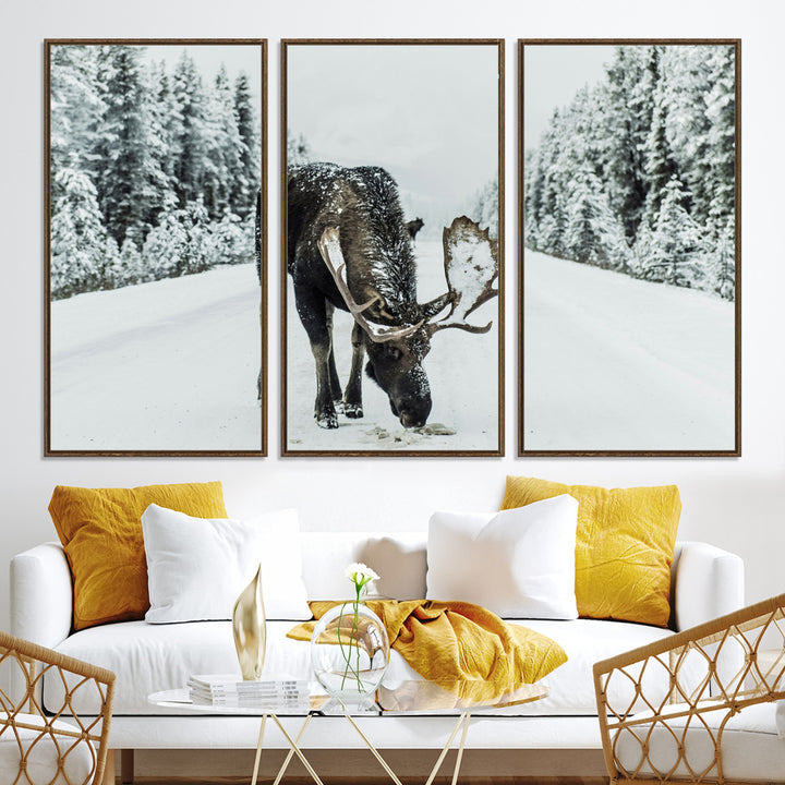 Moose in Snow Wall Art Canvas Print, Framed Winter Wildlife Art Picture Print, Snowy Forest Scene Perfect Rustic Lodge Decor Artwork