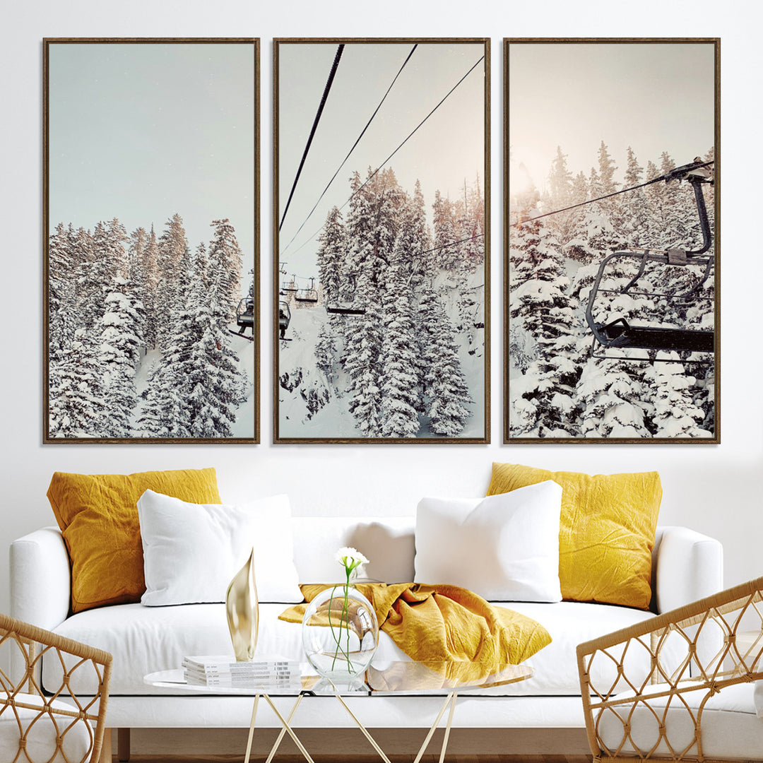 91534512-MGV-CV-36X24-Frosty Pines Wall Art Canvas Print, Framed Cozy Cabin View Art Picture Print, Ski Lift Ride Perfect Rustic Lodge Decor Artwork