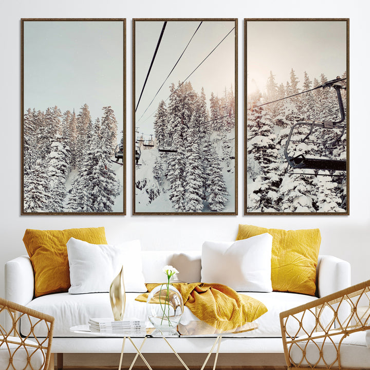 91534512-MGV-CV-36X24-Frosty Pines Wall Art Canvas Print, Framed Cozy Cabin View Art Picture Print, Ski Lift Ride Perfect Rustic Lodge Decor Artwork