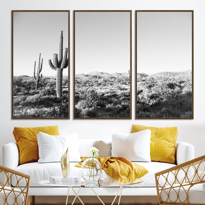 Saguaro Cactus Wall Art Canvas Print, Monochrome Landscape Print, Framed Scenic Arizona Art Print, Large Timeless Western Aesthetic Printing