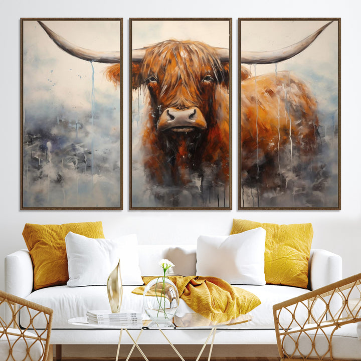 Scottish Highland Wall Art Canvas Print, Framed Longhorn Art Picture Print, Western Cow Perfect Farmhouse Decor Artwork