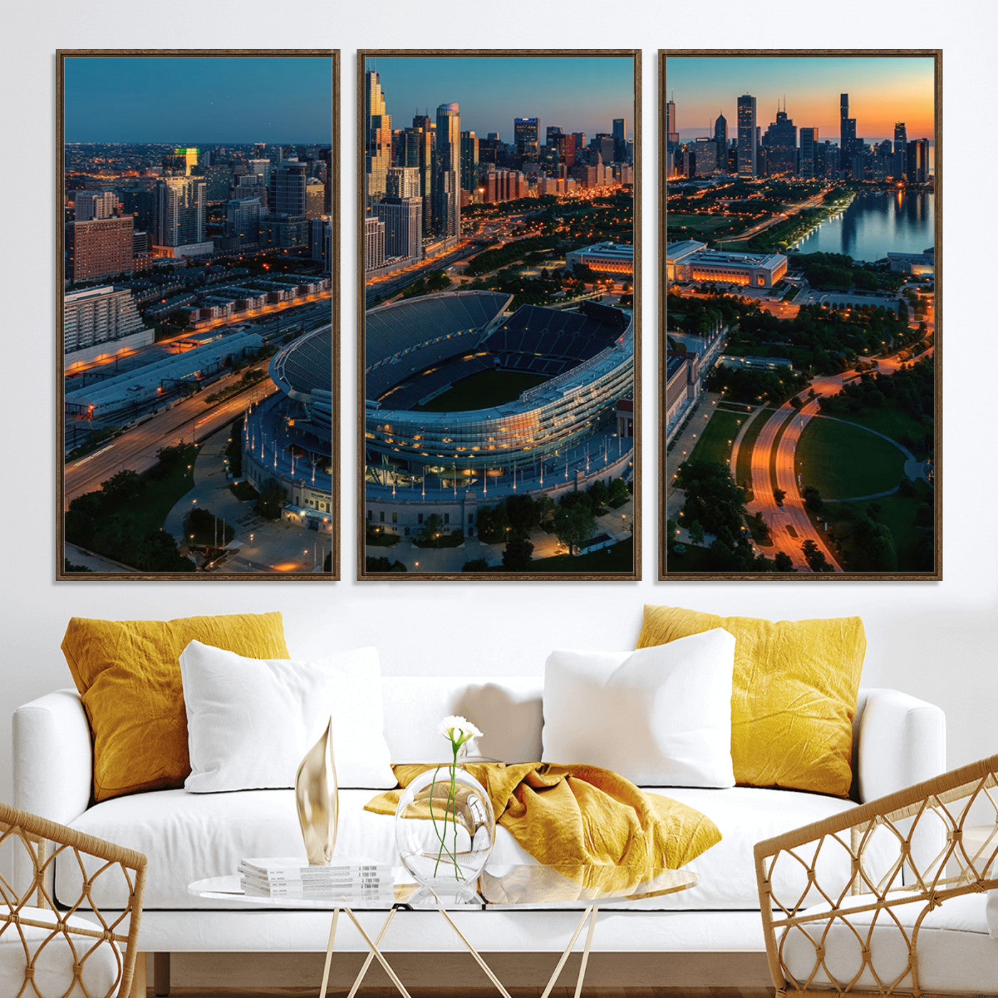 36690345-MGV-FC-48X32-3P_Walnut-Chicago Bears Soldiers Field Wall Art Canvas Print – Framed Football Stadium Artwork for Sports Fans, Soldier Field Skyline Canvas Decor for Game Room or Man Cave