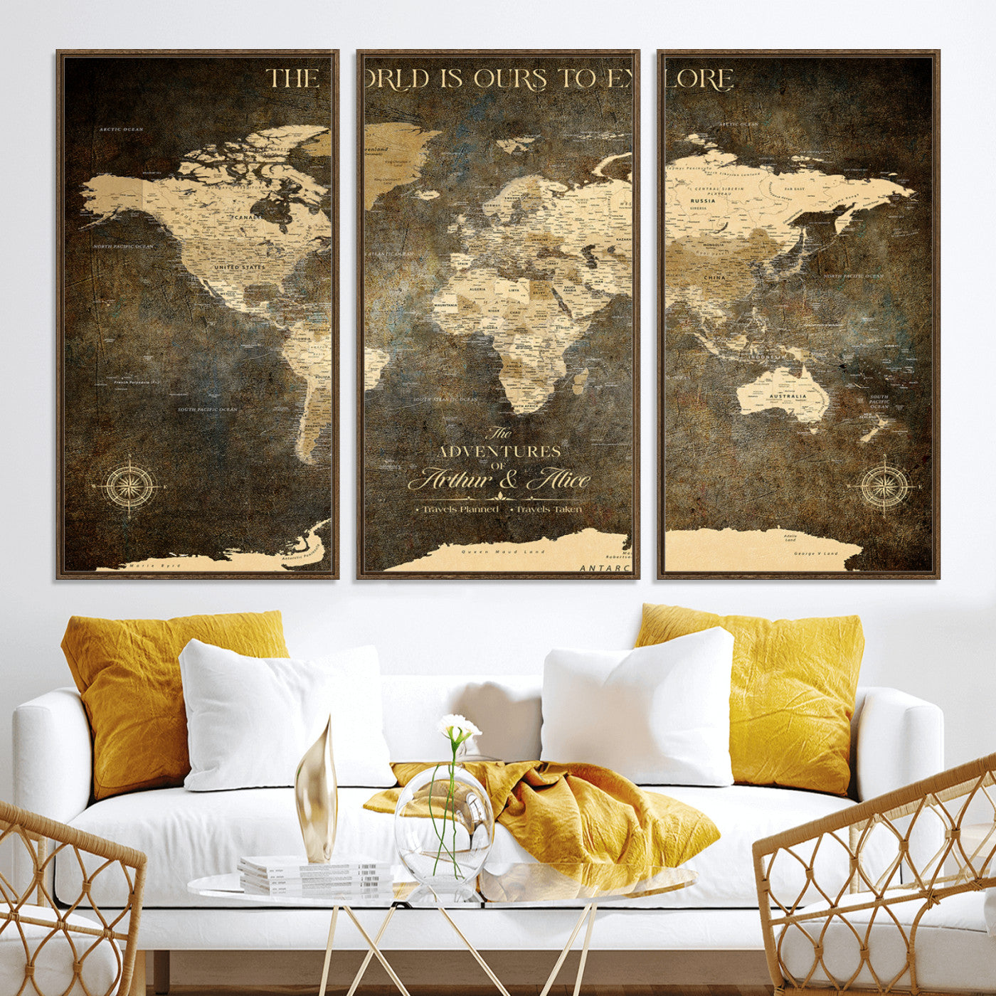 76675404-MGV-CV-36X24-Framed Push Pin World Travel Map – Canvas Wall Art for Tracking Adventures, Decorative Vintage Style Map with Pins for Home or Office - H1