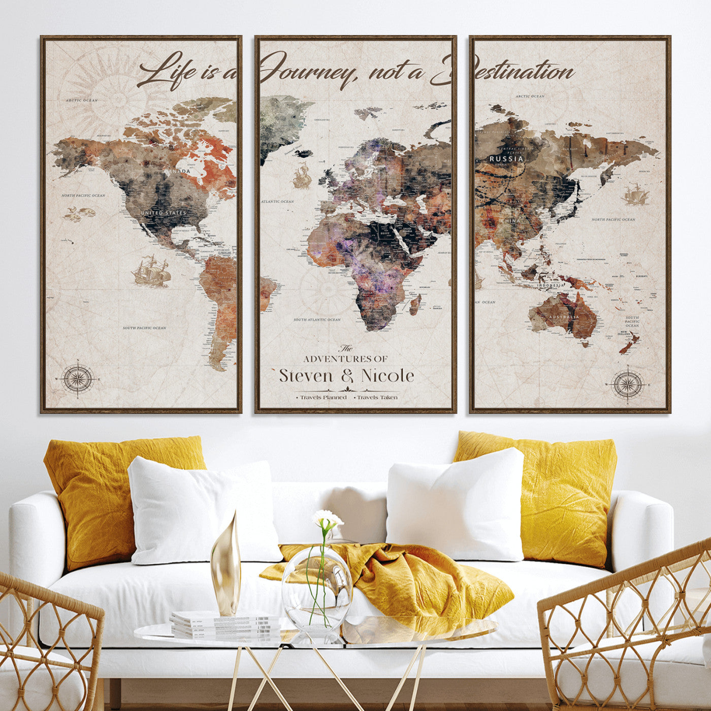96000140-MGV-CV-36X24-Custom Push Pin World Map Wall Canvas Print – Personalized Travel Tracker with Pins – Framed Large Multi-Size Canvas for Home Office Decor