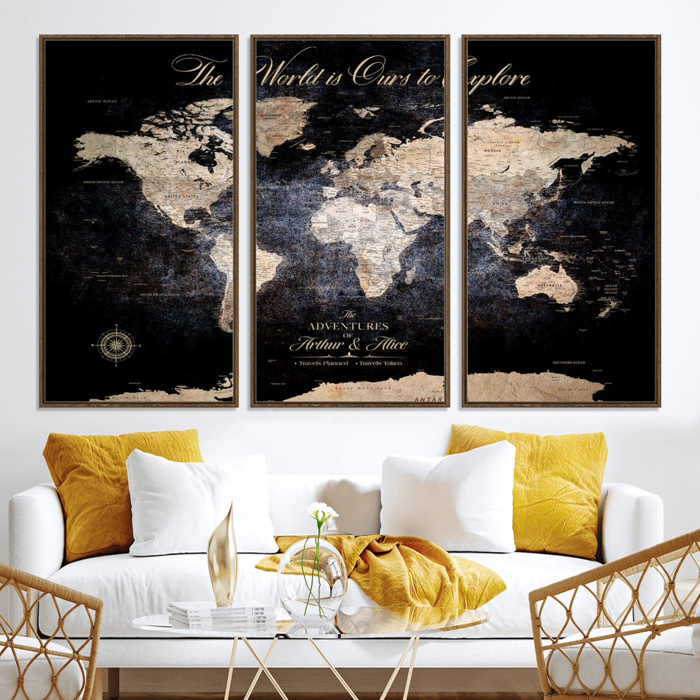 21010471-MGV-CV-36X24-Customize Push Pin World Map Wall Canvas Print, Personalized Travel Tracker with Pins, Framed Large Canvas for Home Office Decor - H37