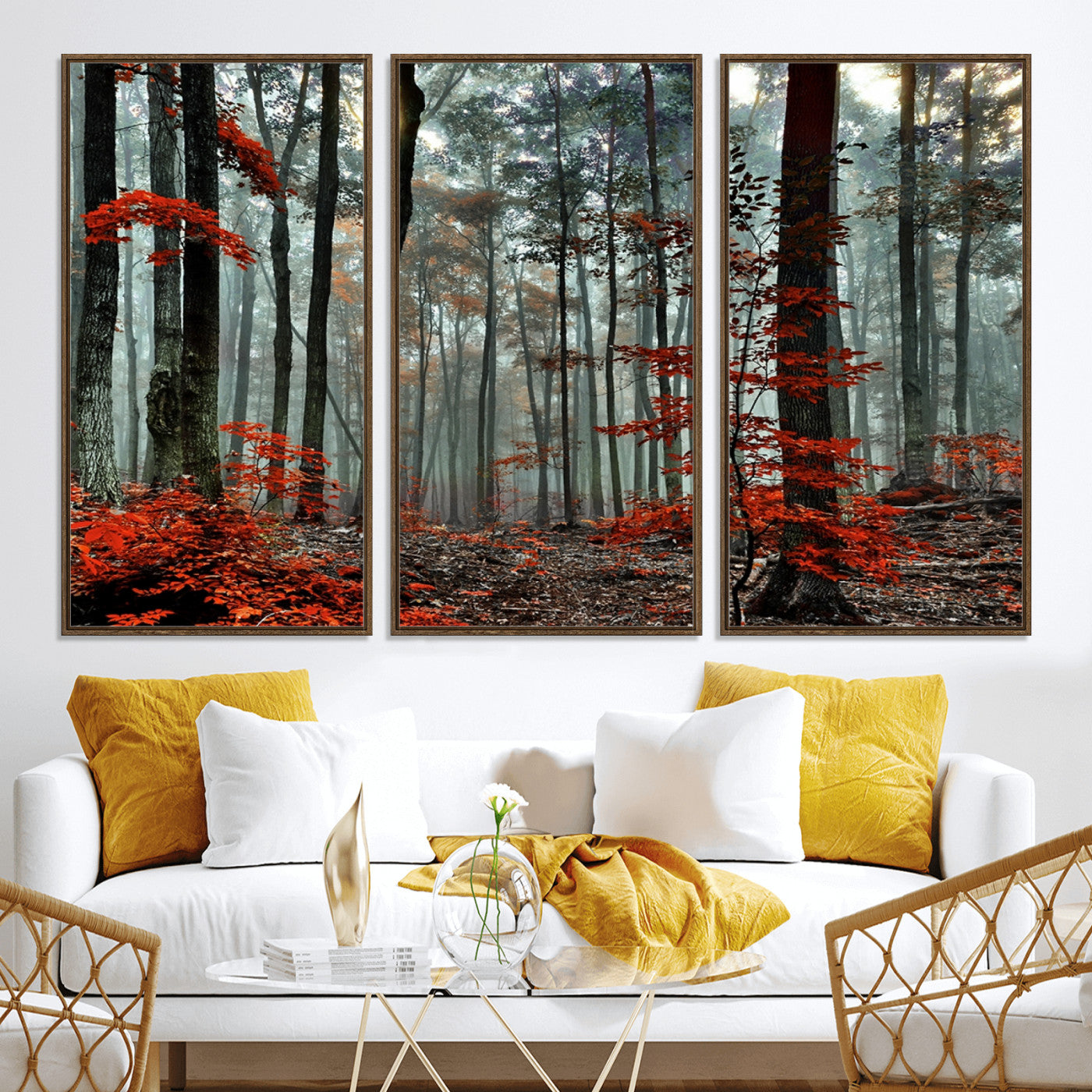 59209-MGV-CV-36X24-Autumn Forest Canvas Wall Art – Enchanting Red Leaves Triptych Print – Nature-Inspired Decor for Living Room or Office – Ready to Hang