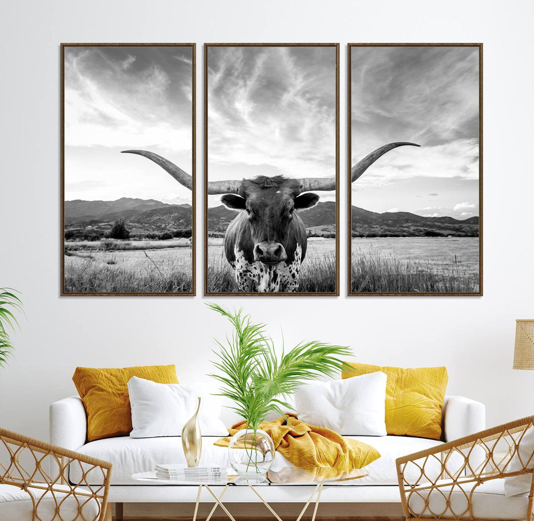 Longhorn Cow Wall Art Canvas Print Farmhouse Wall Art - Texas Longhorn Wall Art Print