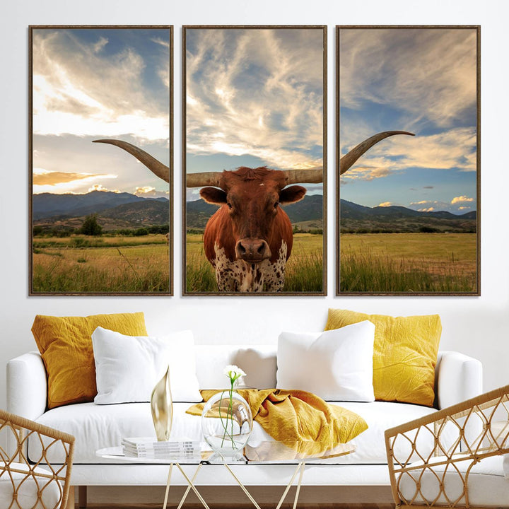 Texas Longhorn Canvas Wall Art – Majestic Triptych Animal Print – Rustic Western Decor for Living Room or Office – Ready to Hang