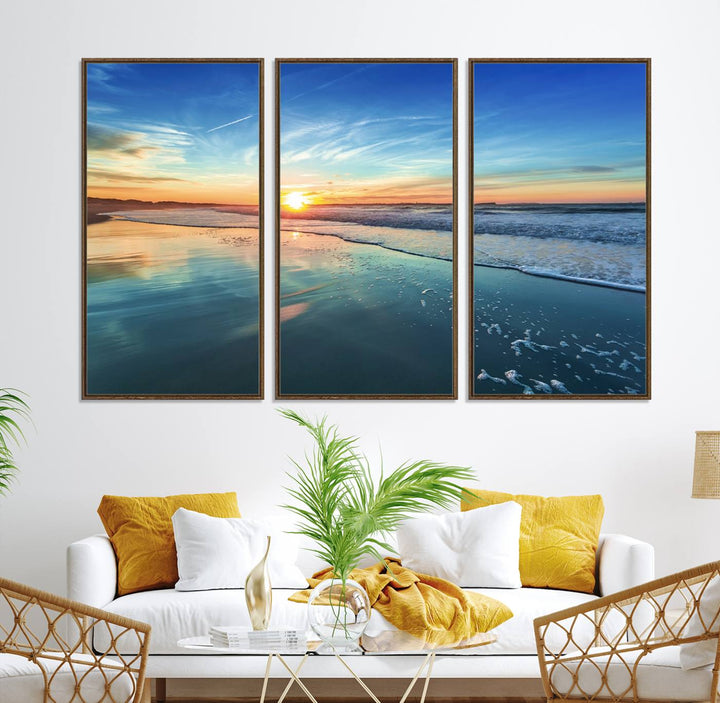 The Blue Sky and Beach Wall Art Canvas Print features a vibrant orange sky reflecting on wet sand.