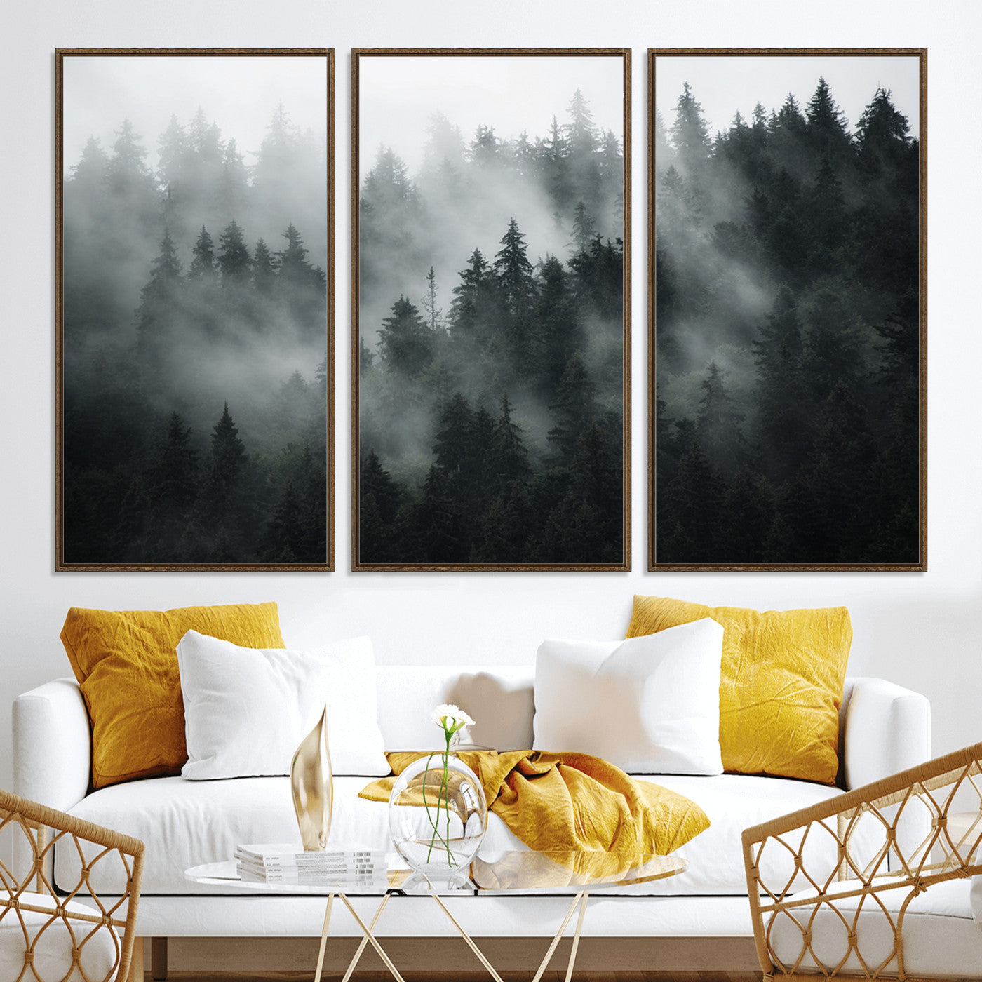 52359-MGV-CV-36X24-Foggy Forest Wall Art Canvas Print | 3 Panel Large Misty Landscape for Dining Room, Office, or Living Room | Ready to Hang Nature Deco
