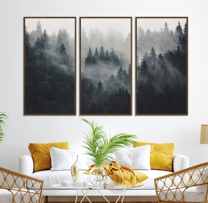 The Serene Triptych Print features tall evergreens, creating a mysterious and calming atmosphere.