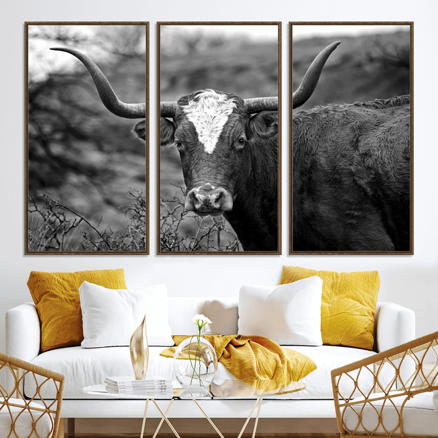 76200-MGV-CV-36X24-Western Home Wall Art Canvas Print, Framed Texas Longhorn Art Picture Print, Rustic Cow Perfect Rustic Farmhouse Decor Artwork