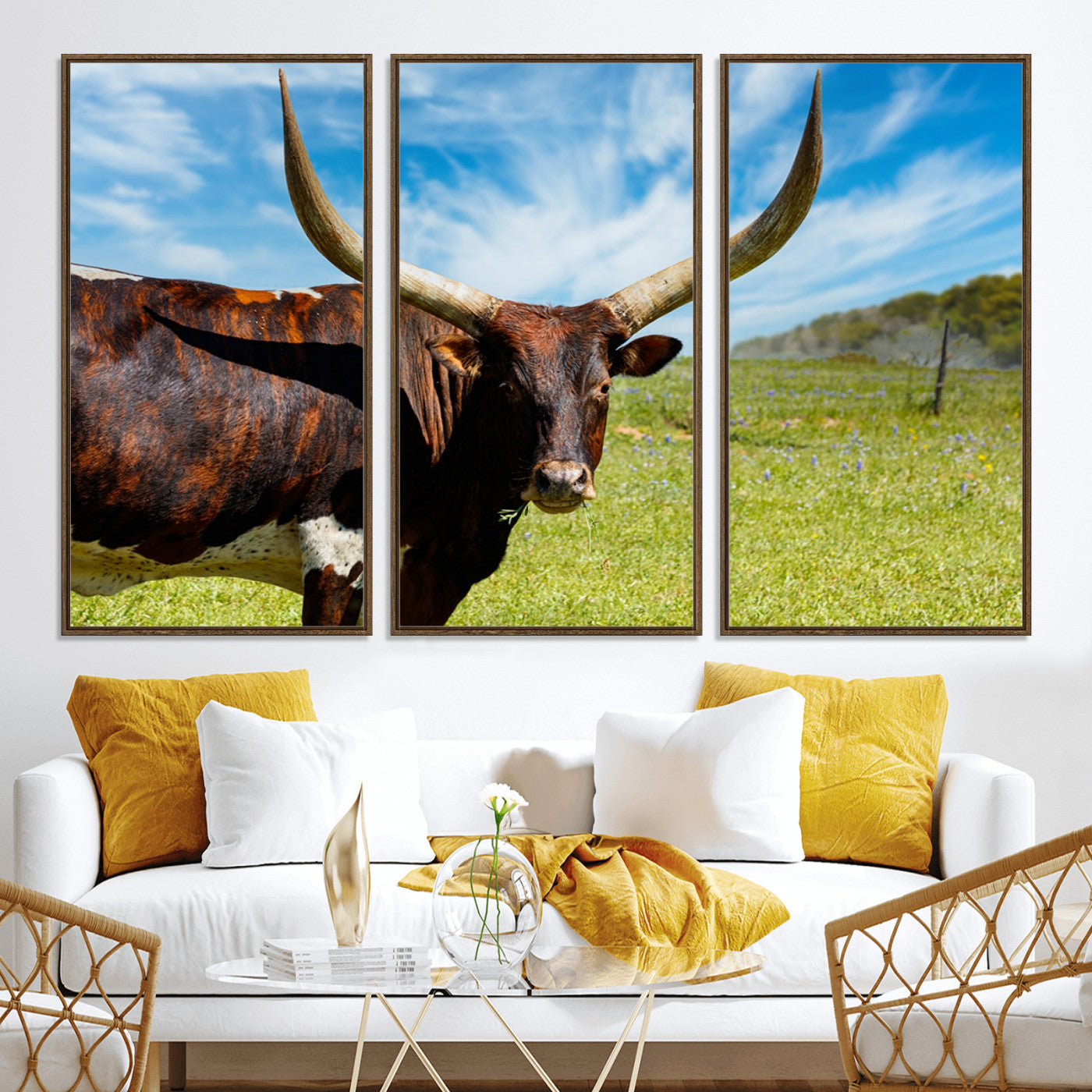 47037-MGV-CV-36X24-Longhorn and Cow Wall Art, Country Cow Wall Decor Canvas Print