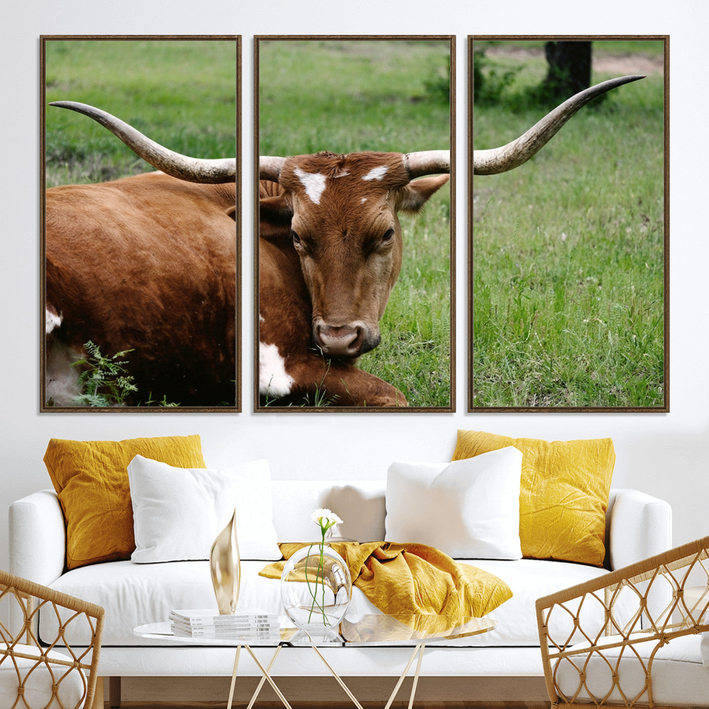 45997-MGV-CV-36X24-Longhorn Steer Canvas Wall Art – Rustic Nature Triptych Decor for Living Room or Office – Ready to Hang