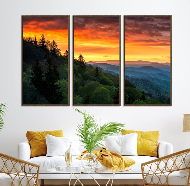 The Great Smoky Mountains Sunset Wall Art, a 3-panel print, beautifully captures natures beauty and is perfect for living room or office decor.