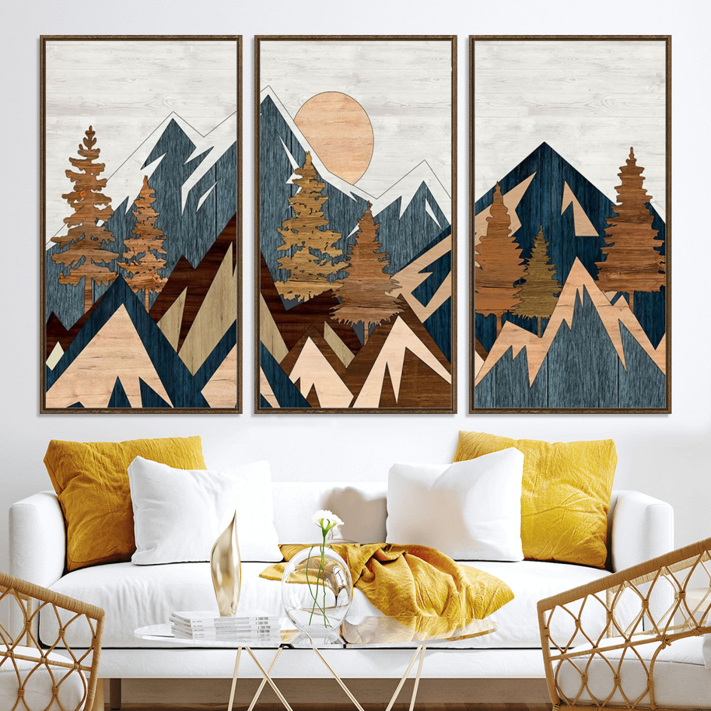 91467-MGV-CV-36X24-Abstract Wood Panel Effect Mountain Range Top Wall Art Canvas Print