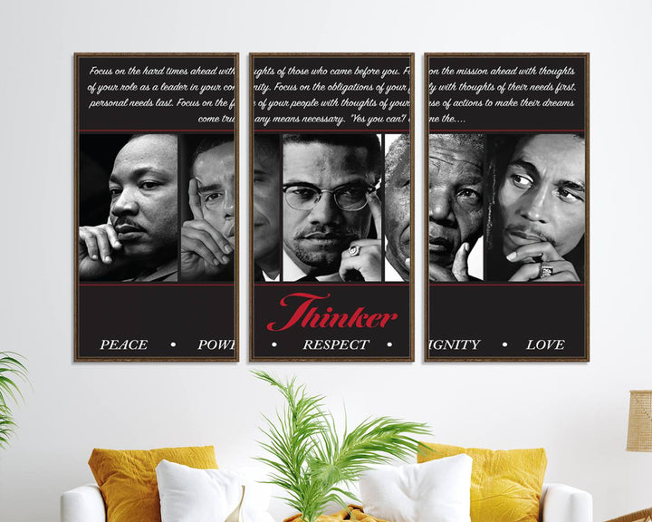 The Thinker Quintet Canvas Wall Art features portraits of Martin, Obama, Malcolm X, Mandela, and Marley, each representing virtues such as Peace and Power.