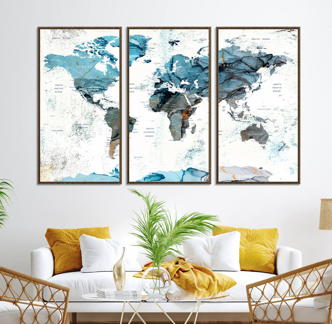 Push Pin World Map Wall Art Canvas Print adds a touch of elegance to the home decor.