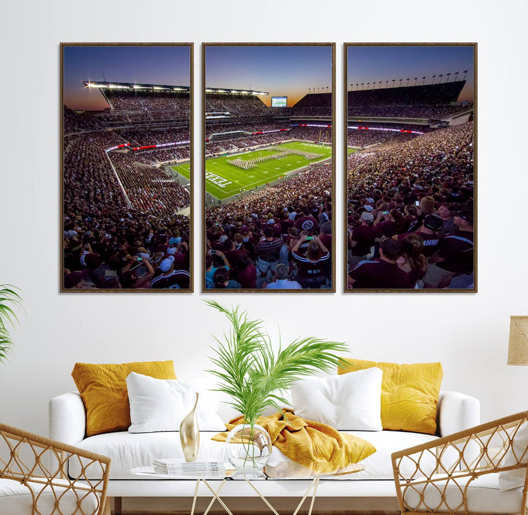 A vibrant canvas print of Texas A&M Aggies at College Stations Kyle Field Stadium captures the energy of fans cheering as the band marches at sunset.