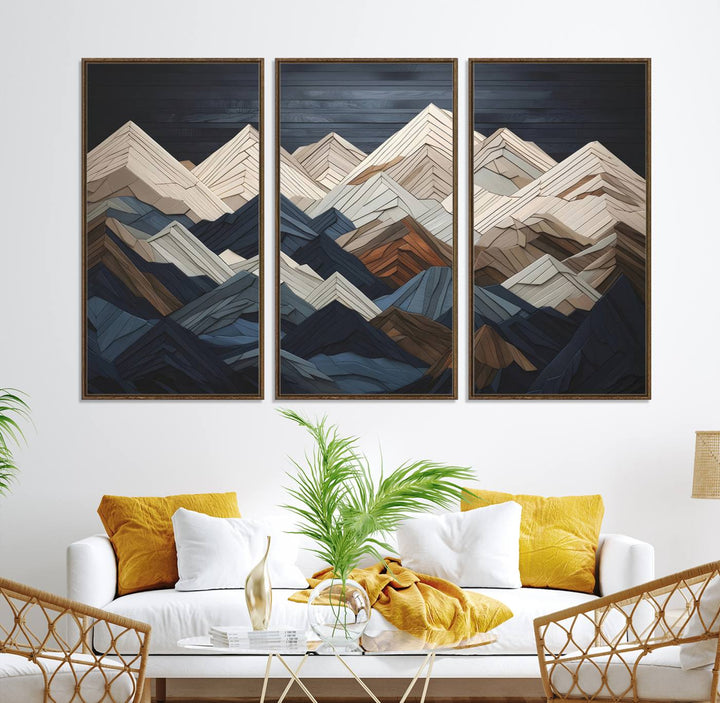 Abstract wood mountain range wall art in a 3-piece set featuring shades of blue, brown, and cream, ideal for modern rustic decor.