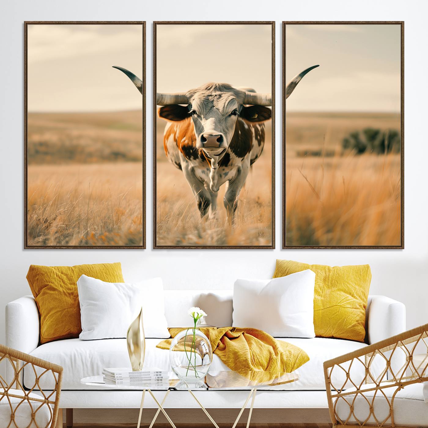 16580-MGV-CV-36X24-Texas Cow Longhorn Wall Art Canvas Print for Farm House Wall Decor, Farmhouse Cow Print Canvas Wall Art Print