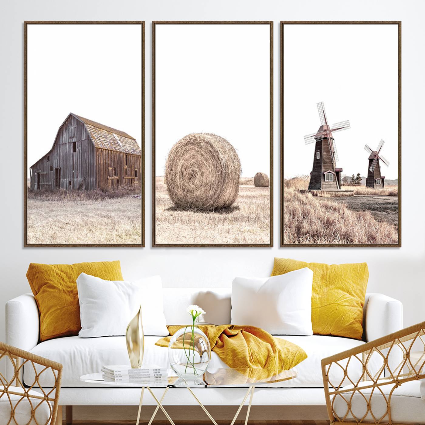 94971-MGV-CV-60X30-3P-Farm Prints Set, Set of 3 Farmhouse Wall Art, Country House Decor