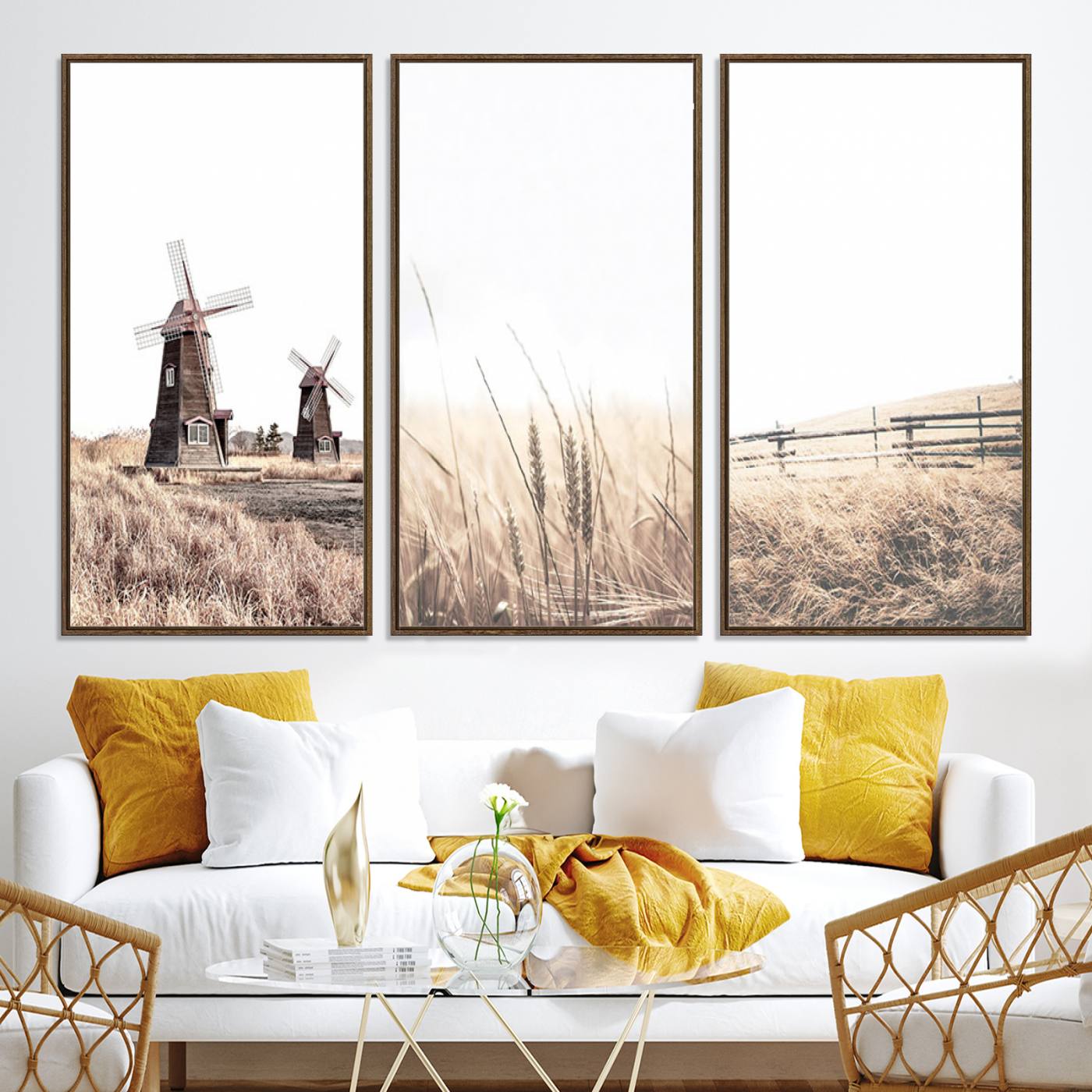 56649-MGV-CV-60X30-3P-Farm Prints Set, Farmhouse Wall Art Canvas, Country House Decor, Country House Decor, Barn Print, Wheat Print