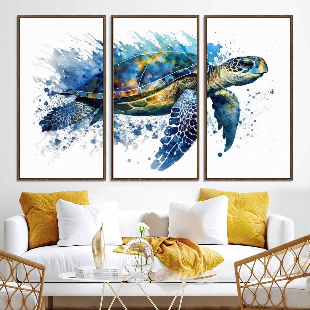 The Turtle Wall Art Print, featuring blue splashes, beautifully showcases Ocean Life.